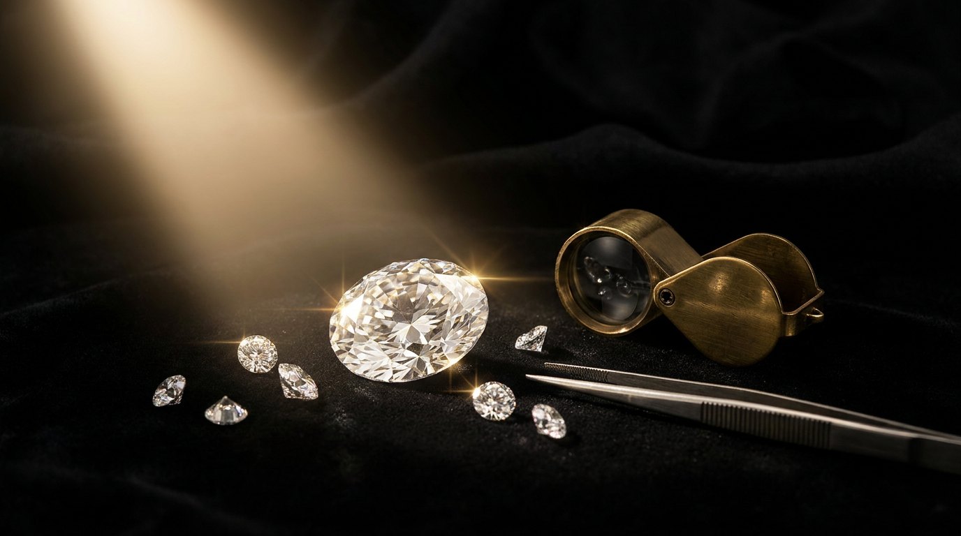 Loose diamonds under a jeweler's loupe