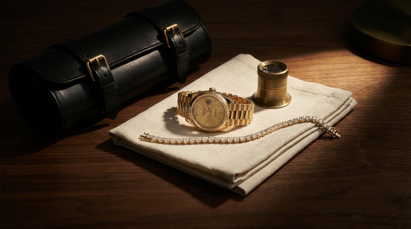 Gold Rolex Day-Date and a diamond tennis bracelet on linen