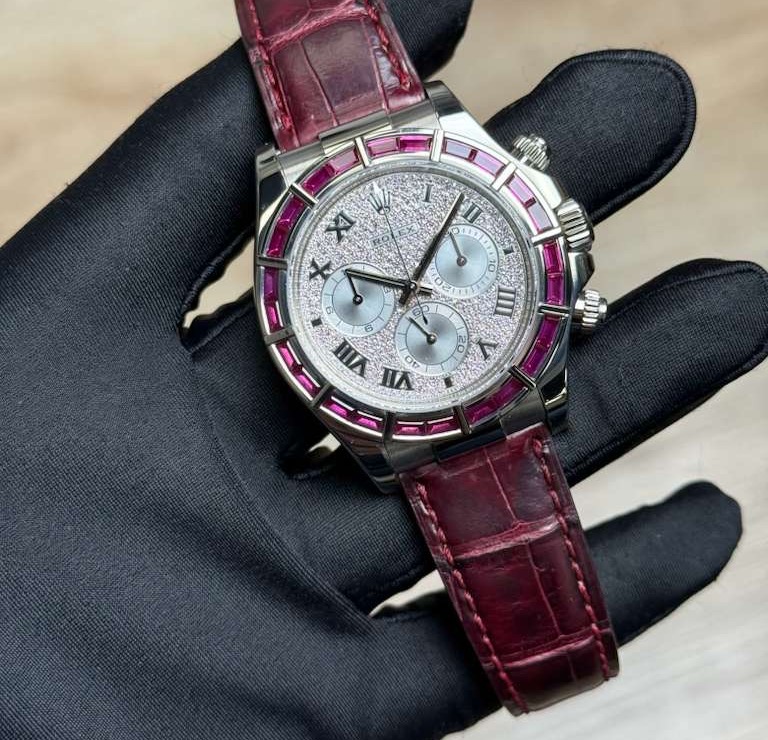 Pavé diamond dial chronograph with ruby bezel